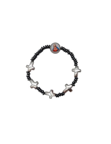 Pulsera Elastica Ematite Discos 4mm Con 5 Cruces De Metal