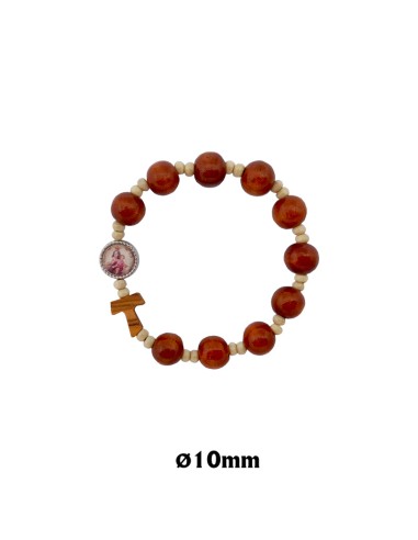 Pulsera Elastica Madera 10mm Marron Con Bolitas Negras Y Cruz Tau