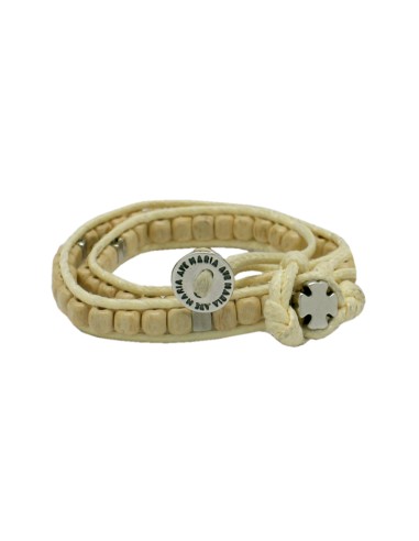 Pulsera Rosario Madera Beige Bola Cubo 5mm Doble Vuelta Bot?n Ave Maria Y Cruz