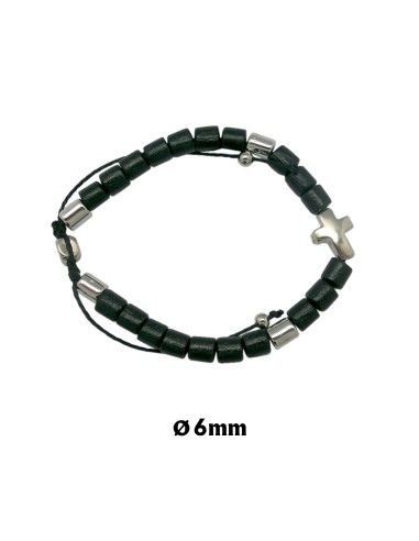Pulsera Madera Ajustable Negra Bolas Cilindro Con Adorno Metal Y Cruz