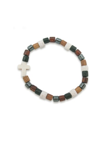 Pulsera Piedra Y Madera Elastica Multicolor Cilindro Con Cruz