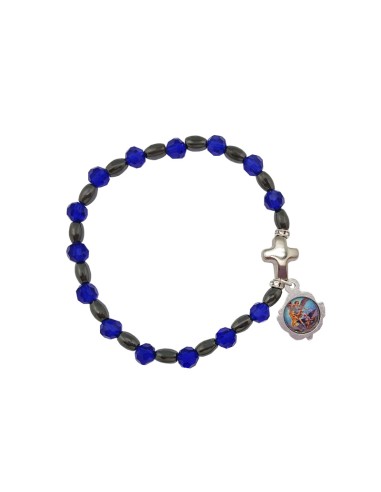 Pulsera Cristal Azul 6mm Con Ematite y Cruz