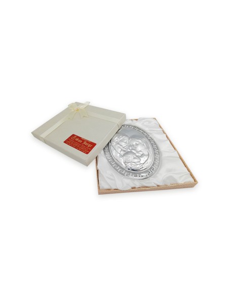 Icono Oval Plata Laminada Sobre Porcelana Blanca Sagrada Familia 12X9 Cm