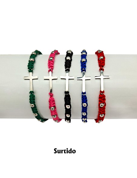 Pulsera Cuerda Trenzada Con Cruz Central Acero y Bolitas Colores Surtidos