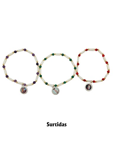 Pulsera Elastica tubos nacar con piedras 5mm 3 colores surtidos