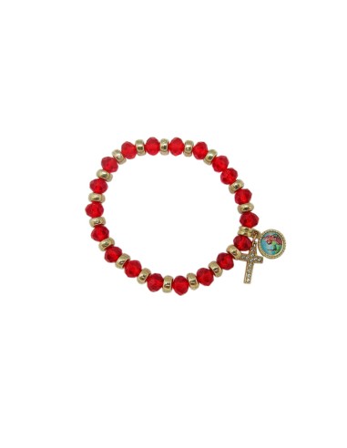 Pulsera Elastica Cristal Tallado Rojo 8x6mm Con Aros Dorados