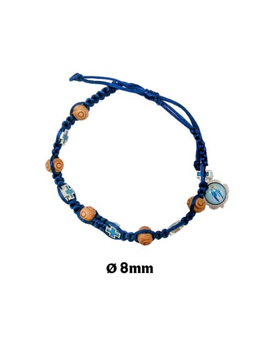 Pulsera Cuerda Azul Con Madera 6mm Y Cruces Con Esmalte Azul Fin