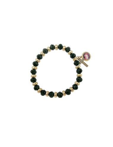 Pulsera Elastica Cristal Tallado Negro 8x6mm Con Aros Dorados