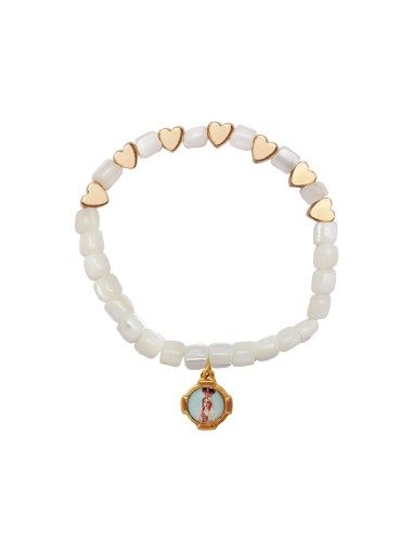 Pulsera elastica tubos nacar 6mm con corazones dorados