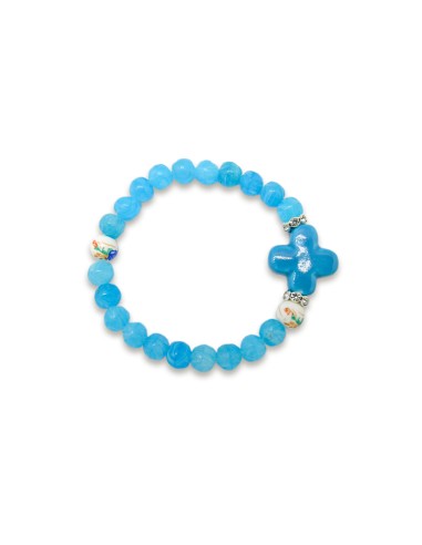 Pulsera Elastica Cristal Azul 8mm Con Cruz Y Dos Bolas Ceramica Para Personalizar