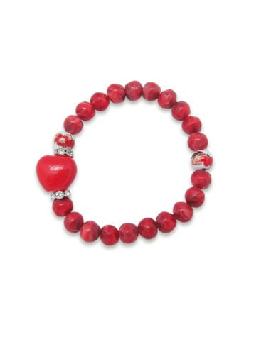 Pulsera Elastica Cristal Rojo 8mm Con Corazon Y Dos Bolas Ceramica Para Personalizar