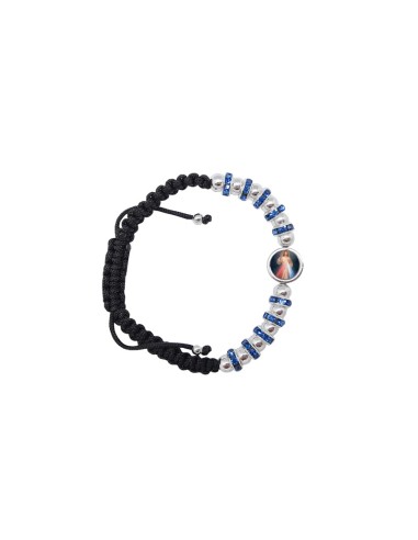 Pulsera Cuerda Negra Con Discos Crital Azul Y Bolitas Niqueladas