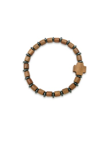 Pulsera Madera Ajustable Marron Cilindro Pequeño Adorno Metal Y Cruz Griega