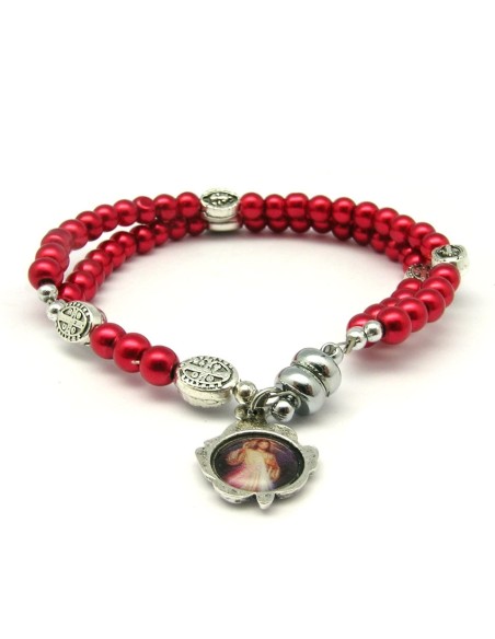 Pulsera Rosario Cristal Liso Rojo 5mm Paters Medalla San Benito Cierre Magnetico