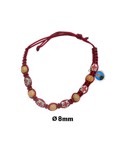 Pulsera Cuerda Burdeos Con Madera 6mm Y Cruces Con Esmalte Rojo