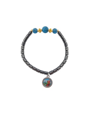 Pulsera Elastica Hematite Tubos 6x4mm Con 3 Bolas Turquesa Y Adornos Dorados