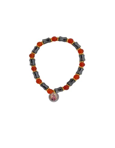 Pulsera Elastica Hematite Tubo Alternado Con Cornalina 5mm Y Discos Dorados