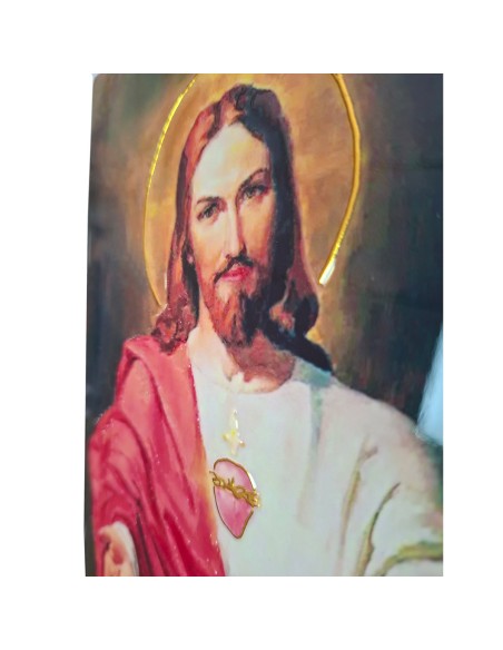 Placa ceramica 3D Jesús manos abiertas 20x15cm con dorados retro madera