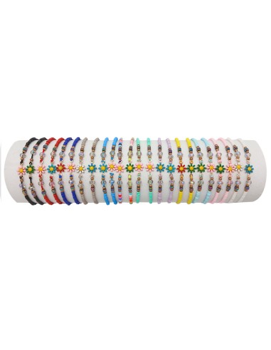Pulsera cuerda bolitas mini con flor en el centro y adornos colores surtidos