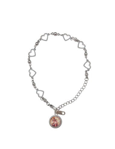 Pulsera Acero blanco eslabones con corazones con bolitas