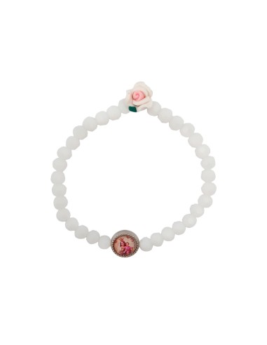 Pulsera Cristal Blanco 6mm Con Rosa blanca