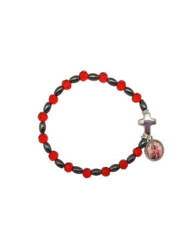 Pulsera Cristal Rojo 6mm Con Ematite y Cruz