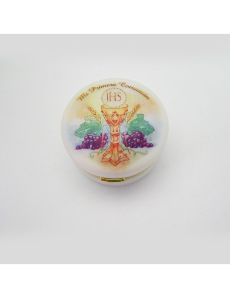 Caja Redonda Con Foto Primera Comunion Acabado Nacar