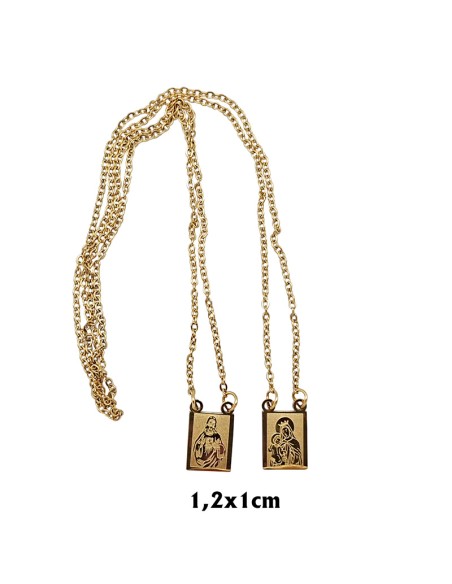 Escapulario Acero Dorado Rectangular 1.2X1cm Grabado A Laser Con Cadena De Acero Dorada