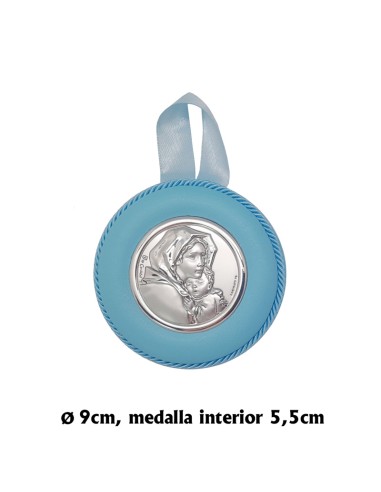 Medalla Cuna Virgen Gitana Con Niño Tejido Azul Y Placa Plata Bilaminada