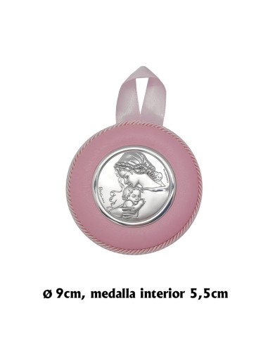 Medalla Cuna Virgen Con Niño Tejido Rosa Y Placa Plata Bilaminada