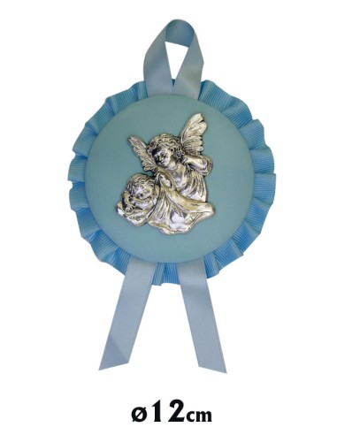 Medalla Cuna Con Placa Metal Angel Arropando Al Niño Piel Celeste 12cm