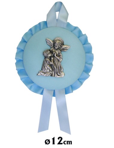 Medalla Cuna Con Placa Metal Niño Rezando Con El Angel Piel Celeste 12cm