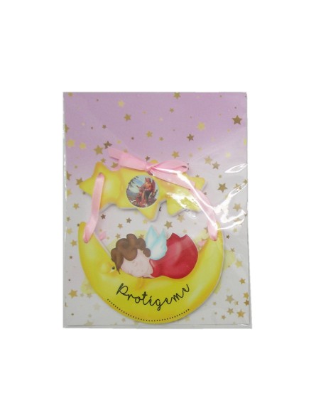 Medalla Cuna Angelita Dormida Sobre Luna Y Estrellas En Blister