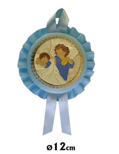 Medalla Cuna Angel Con Lampara Y Niño Con Placa Esmaltada Piel Celeste 12cm