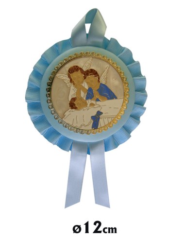 Medalla Cuna Dos Angeles Con Niño Dormido Con Placa Esmaltada Piel Celeste 12cm