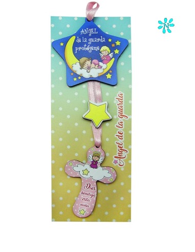 Medalla Cuna Estrella Cuna Angel De La Guarda Rosa Con Cruz Personalizable