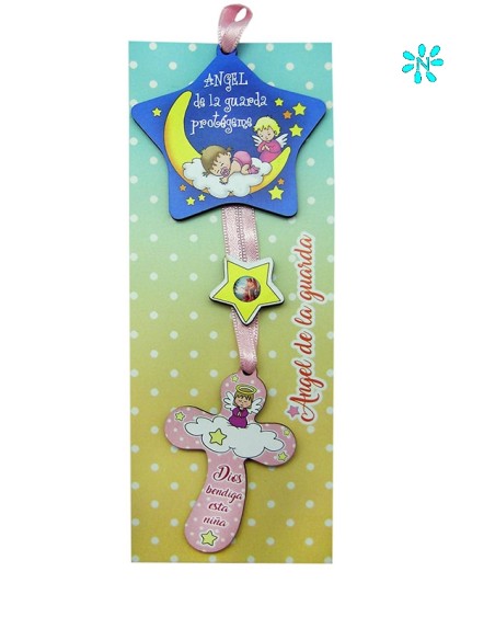 Medalla Cuna Estrella Cuna Angel De La Guarda Rosa Con Cruz Personalizable