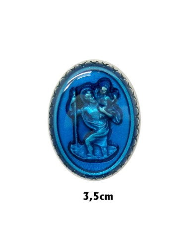 Placa Coche San Cristobal Niquel Oval 40x30 MM Con Esmalte Azul