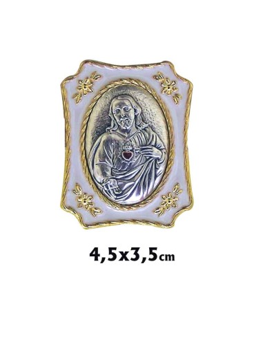 Placa Metal Dorada 4. 5x3. 5cm Corazon De Jesús En Relieve Con Esmalte Blanco