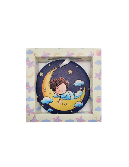 Medalla Cuna Redonda Resina 7Cm Niño Dormido Con Luna De Noche Con Cajita