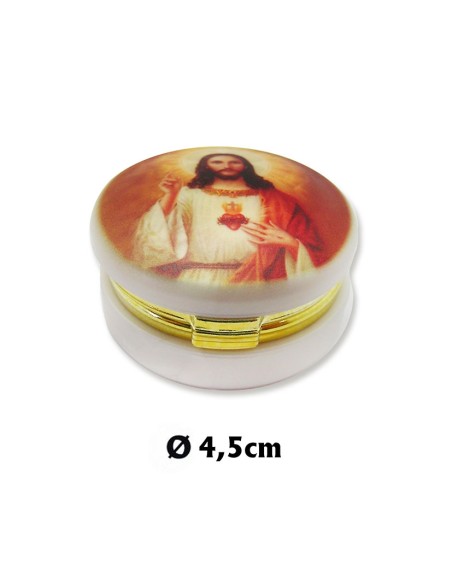 Caja Redonda Con Foto Corazon De Jesús Acabado Nacar