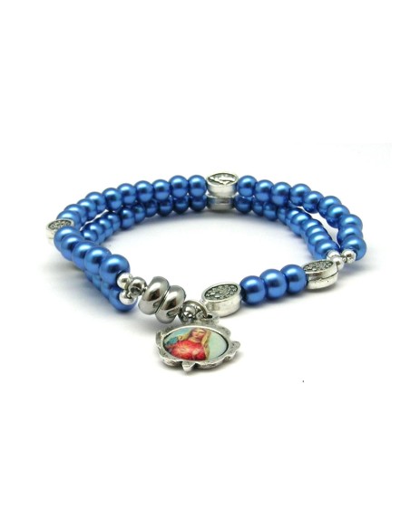 Pulsera Rosario Cristal Liso Azul 5Mm Paters Medalla Milagrosa Cierre Magnetico