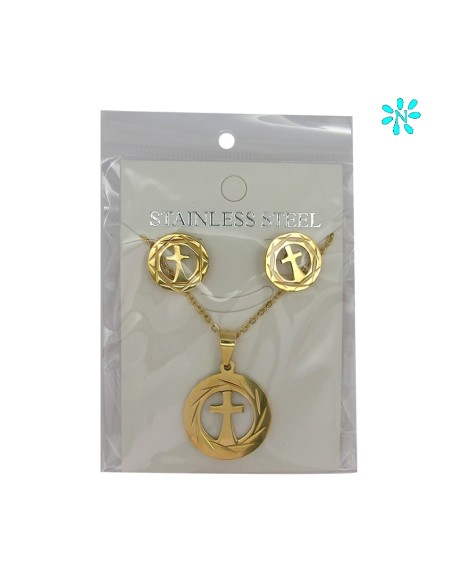 Juego Colgante Redondo 2. 4 Cm Y Pendientes Acero Dorado Disco Borde Rayado Y Cruz Interna