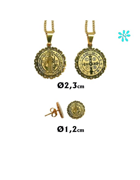 Juego Colgante Redondo 2. 4Cm Y Pendientes Acero Disco Borde Rayado Y Cruz Interna