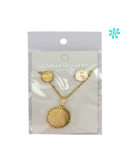 Juego Colgante Redondo 1. 8Cm Y Pendientes Acero Dorado Disco Zirconitas Y Cruz Interna