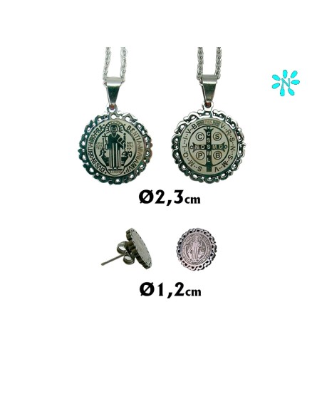 Juego Colgante Redondo 1. 8Cm Y Pendientes Acero Dorado Disco Zirconitas Y Cruz Interna