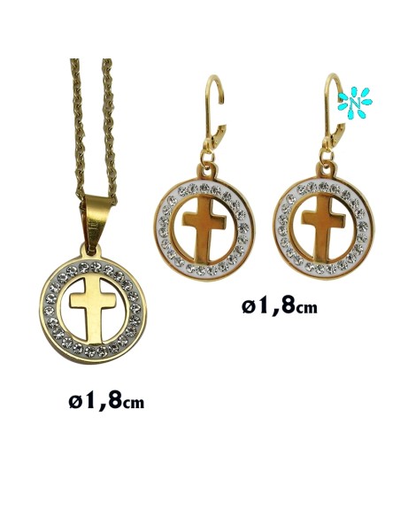 Juego Colgante Redondo 1. 8Cm Y Pendientes Acero Dorado Disco Zirconitas Y Cruz Interna
