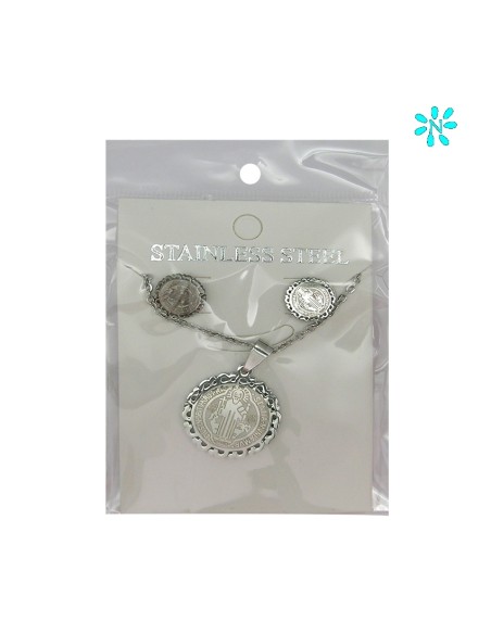 Juego Colgante Redondo 2. 4 Cm Y Pendientes Acero Dorado Disco Borde Rayado Y Cruz Interna