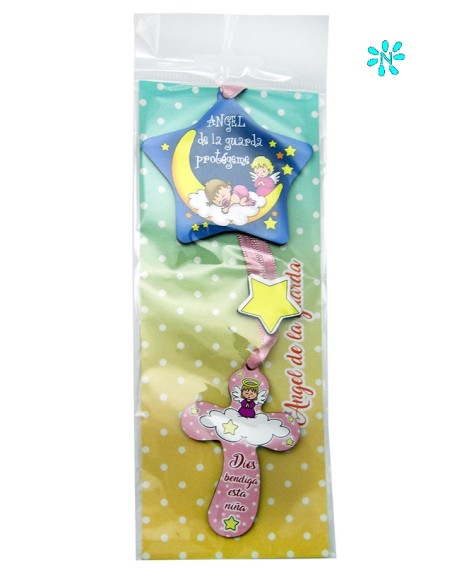 Medalla Cuna Estrella Cuna Angel De La Guarda Rosa Con Cruz Personalizable