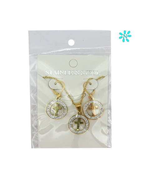 Juego Colgante Redondo 1. 8Cm Y Pendientes Acero Dorado Disco Zirconitas Y Cruz Interna